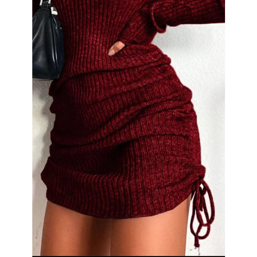 Full Size Ribbed Knit Drawstring Bodycon Sweater Dress Plus Size Apparel and Accessories
