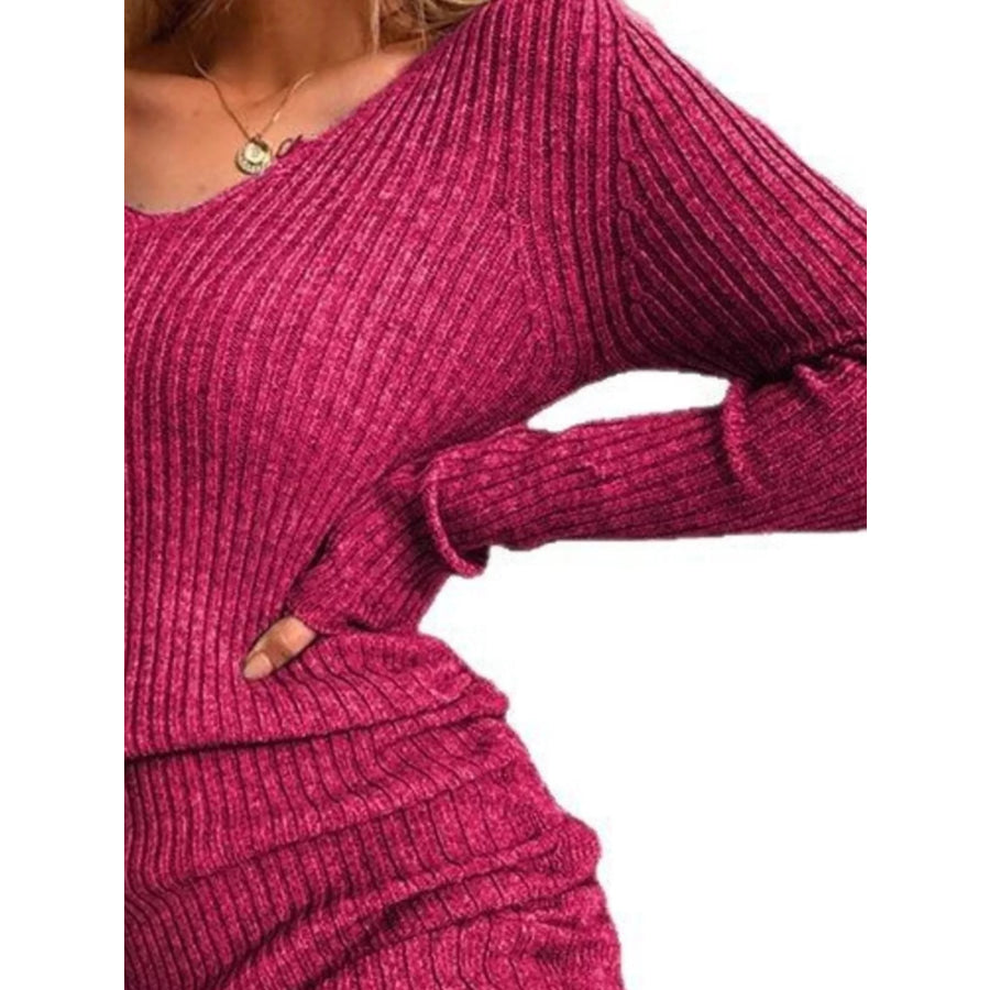 Full Size Ribbed Knit Drawstring Bodycon Sweater Dress Plus Size Apparel and Accessories