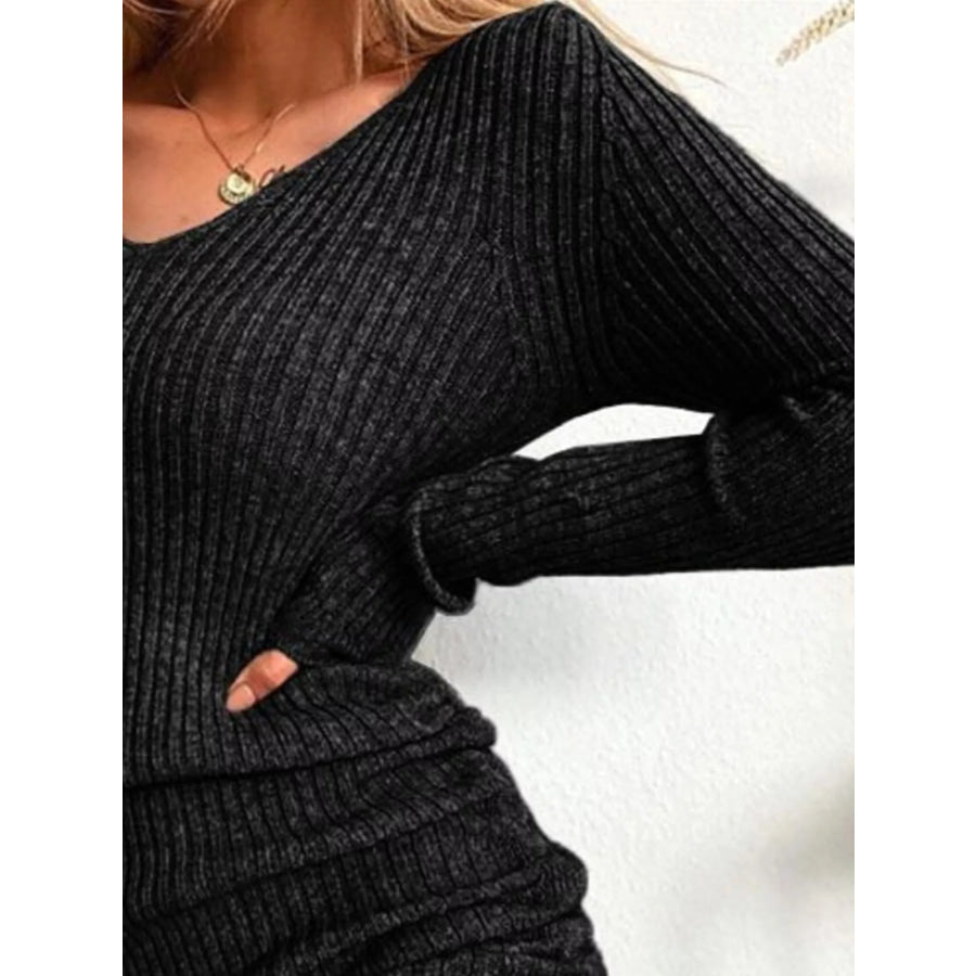 Full Size Ribbed Knit Drawstring Bodycon Sweater Dress Plus Size Apparel and Accessories