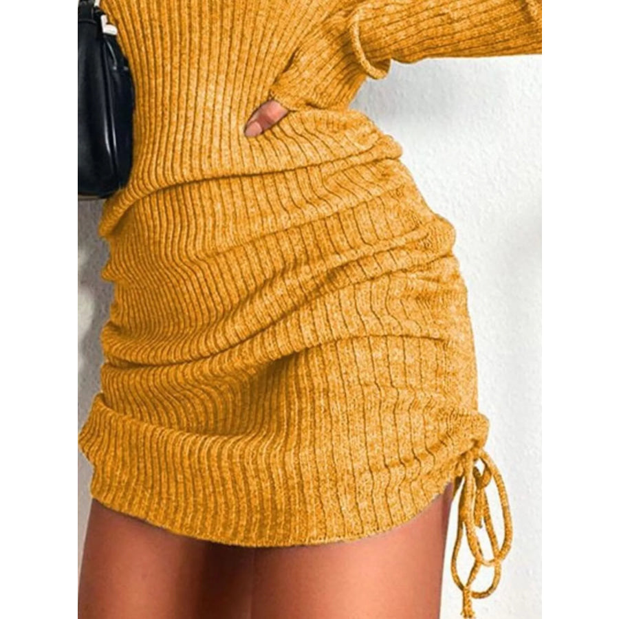 Full Size Ribbed Knit Drawstring Bodycon Sweater Dress Plus Size Apparel and Accessories