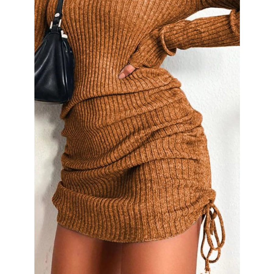 Full Size Ribbed Knit Drawstring Bodycon Sweater Dress Plus Size Apparel and Accessories