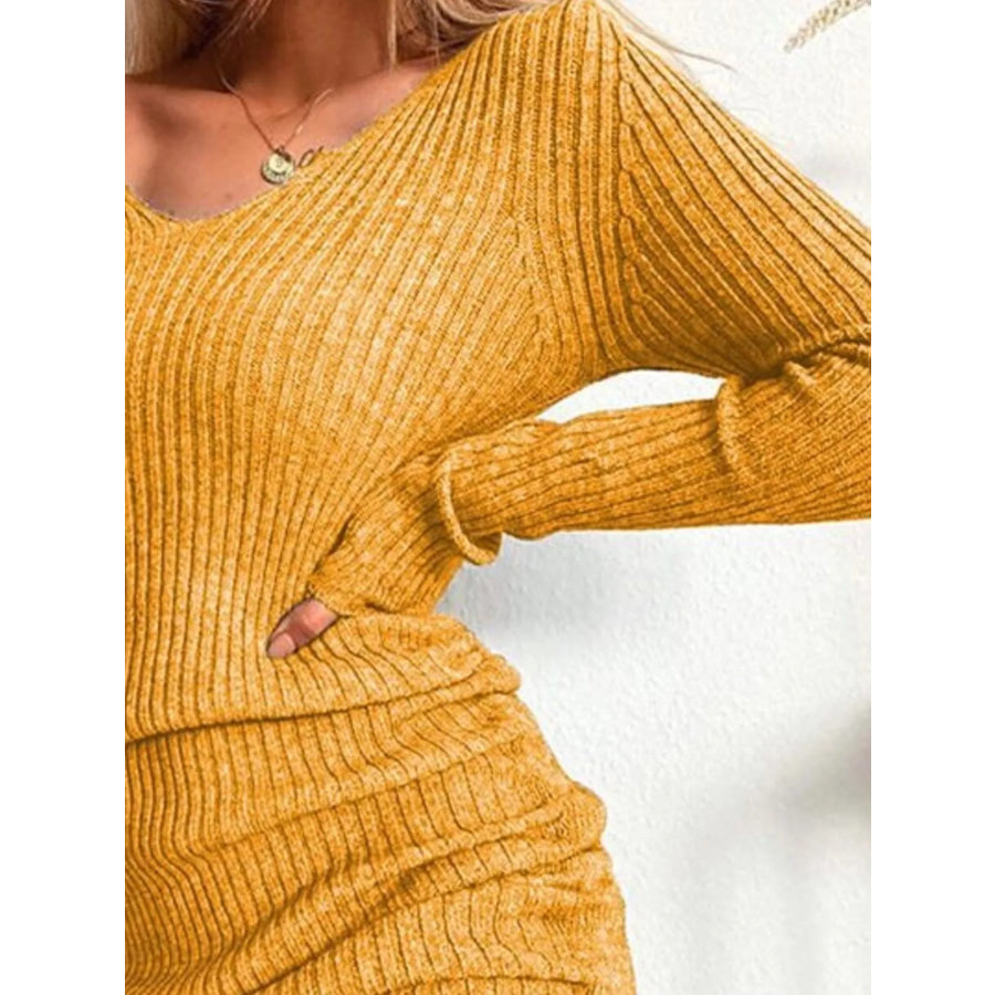 Full Size Ribbed Knit Drawstring Bodycon Sweater Dress Plus Size Apparel and Accessories