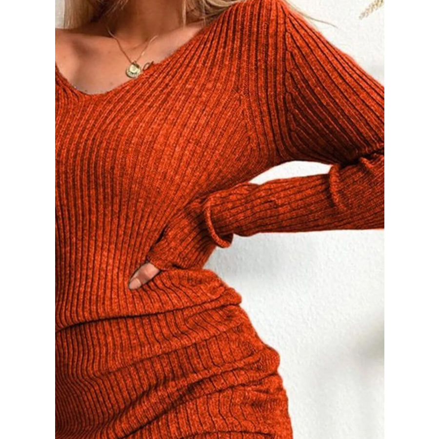 Full Size Ribbed Knit Drawstring Bodycon Sweater Dress Plus Size Apparel and Accessories