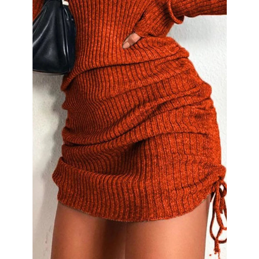Full Size Ribbed Knit Drawstring Bodycon Sweater Dress Plus Size Apparel and Accessories