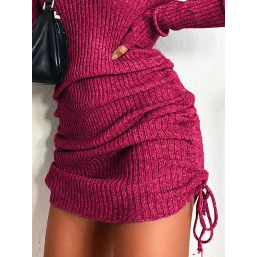 Full Size Ribbed Knit Drawstring Bodycon Sweater Dress Plus Size Apparel and Accessories