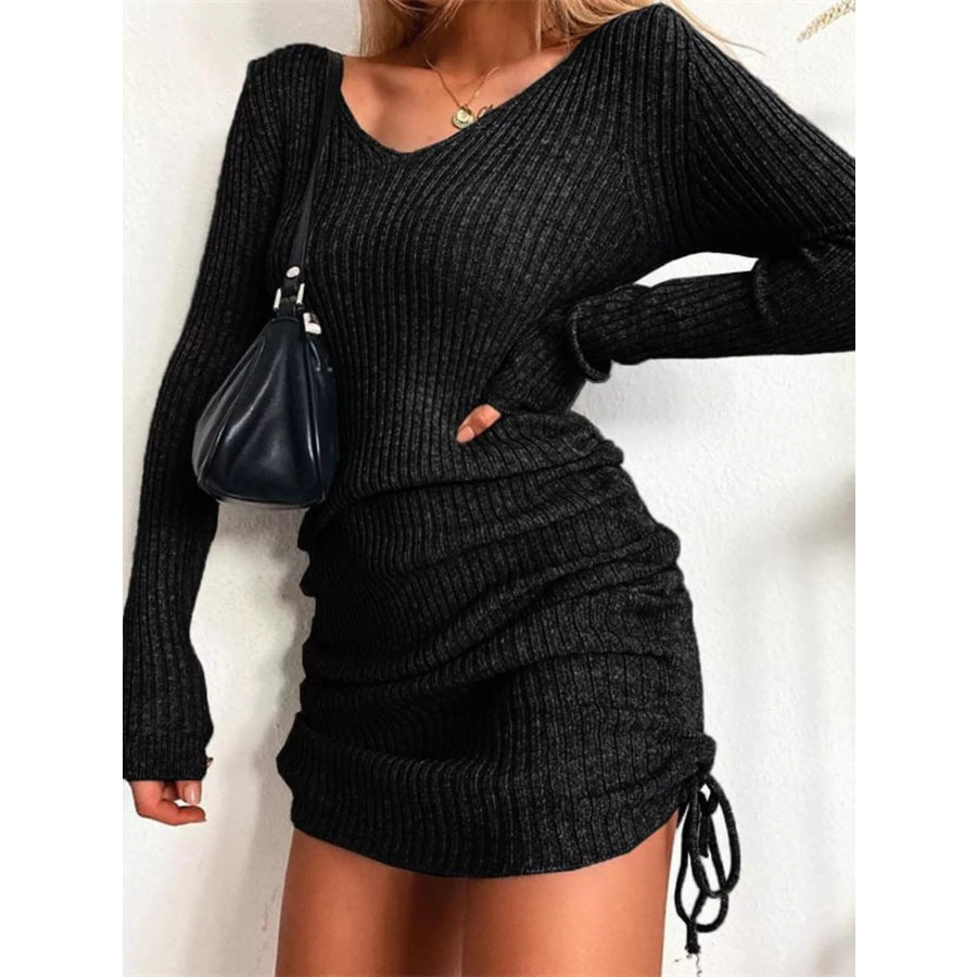 Full Size Ribbed Knit Drawstring Bodycon Sweater Dress Plus Size Black / S Apparel and Accessories
