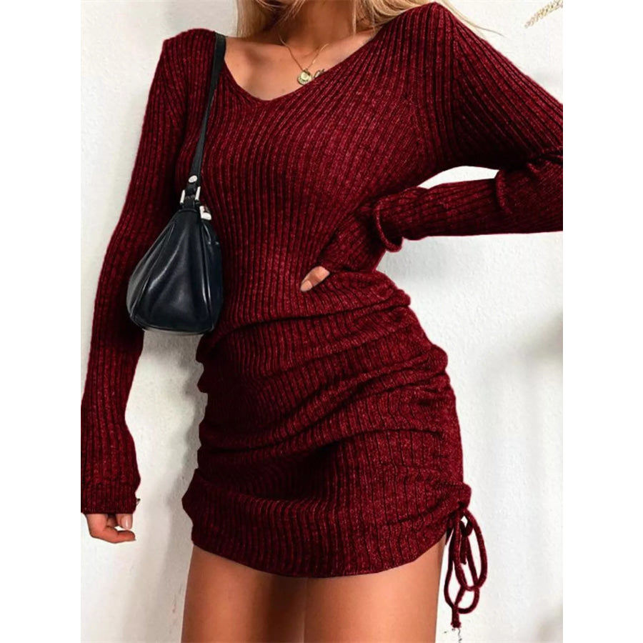 Full Size Ribbed Knit Drawstring Bodycon Sweater Dress Plus Size Burgundy / S Apparel and Accessories