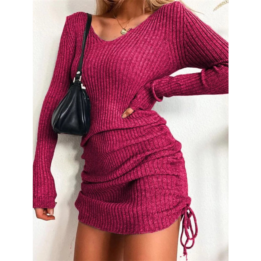 Full Size Ribbed Knit Drawstring Bodycon Sweater Dress Plus Size Fuchsia Pink / S Apparel and Accessories