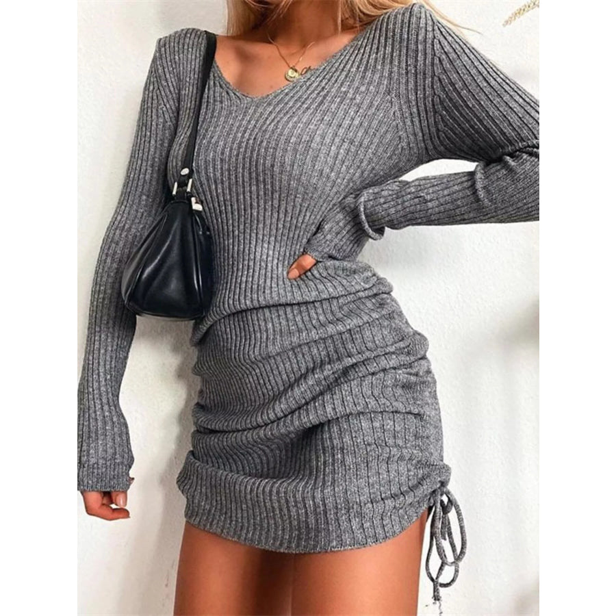 Full Size Ribbed Knit Drawstring Bodycon Sweater Dress Plus Size Gray / S Apparel and Accessories