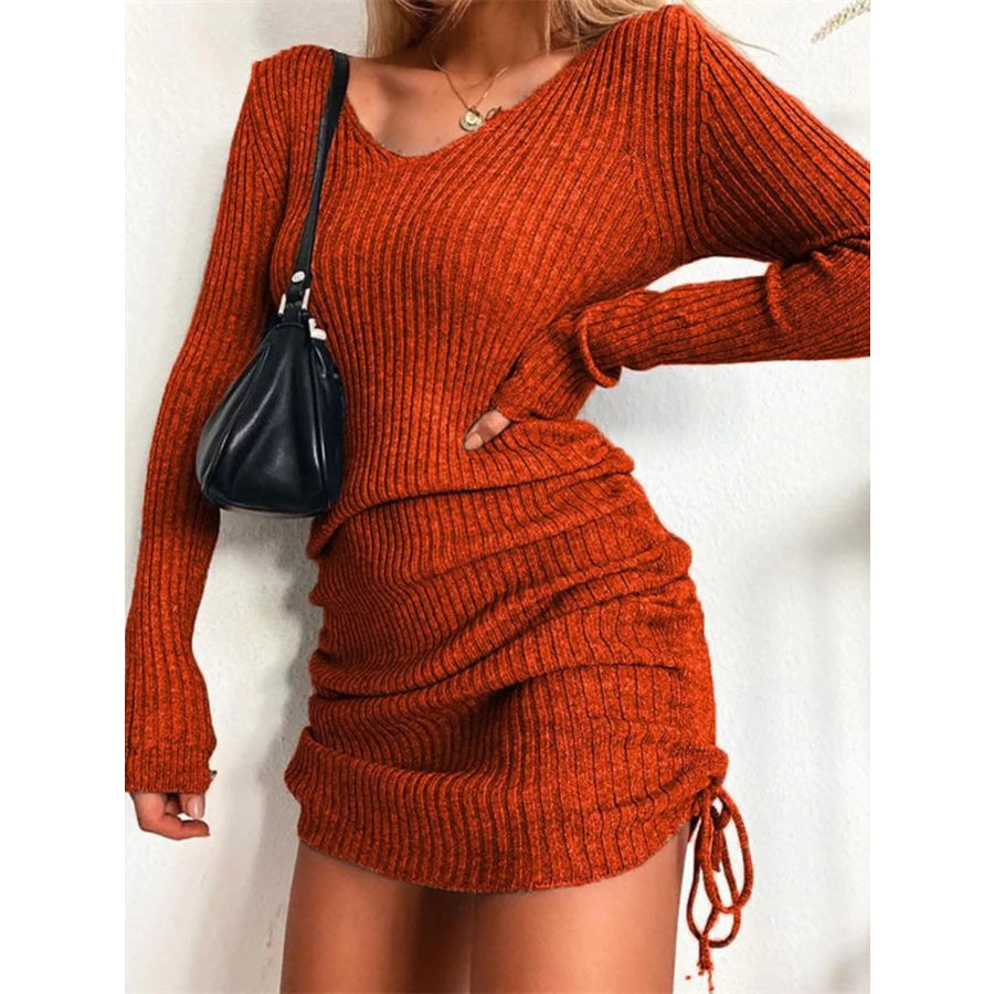 Full Size Ribbed Knit Drawstring Bodycon Sweater Dress Plus Size Orange-red / S Apparel and Accessories