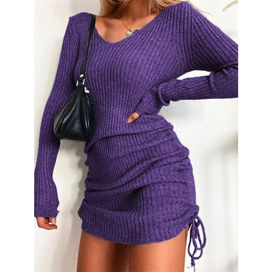 Full Size Ribbed Knit Drawstring Bodycon Sweater Dress Plus Size Purple / S Apparel and Accessories