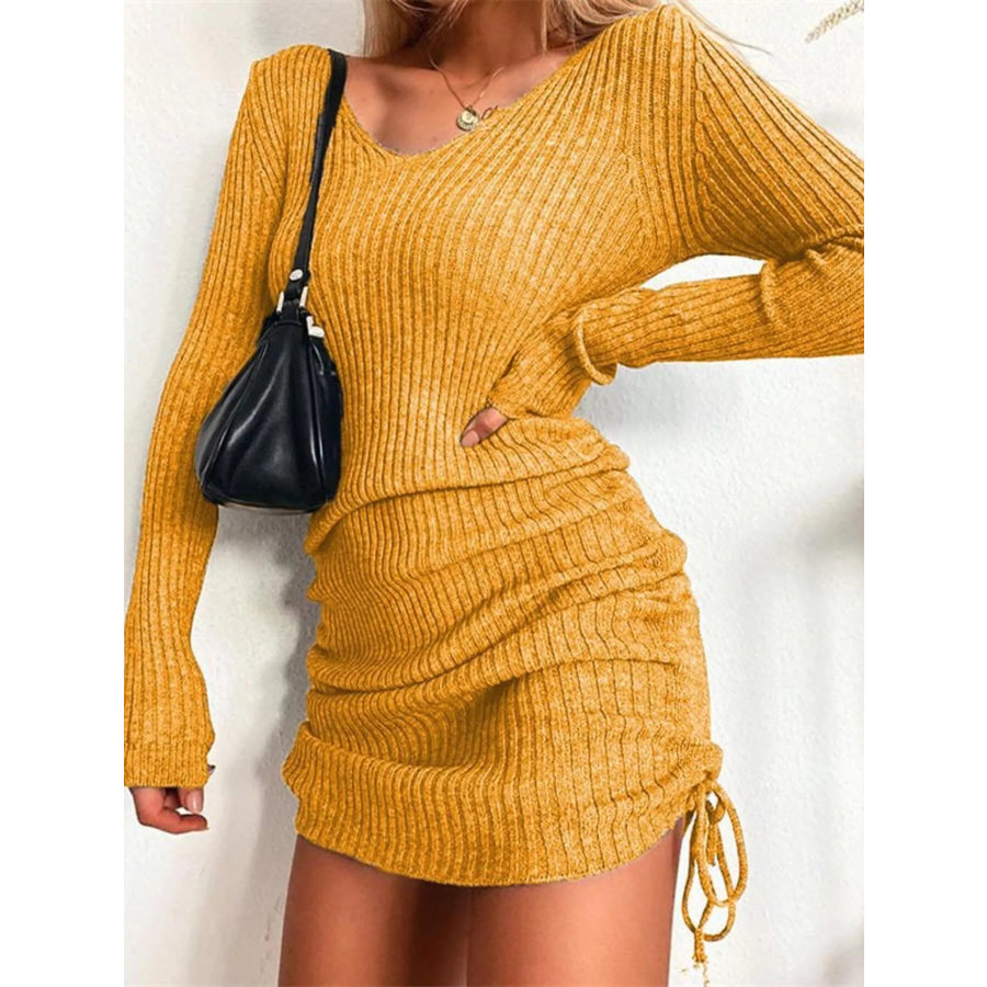 Full Size Ribbed Knit Drawstring Bodycon Sweater Dress Plus Size Yellow / S Apparel and Accessories