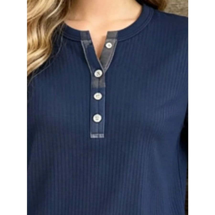 Full Size Ribbed Knit Henley T-Shirt with Plaid Contrast Sleeves Plus Apparel and Accessories