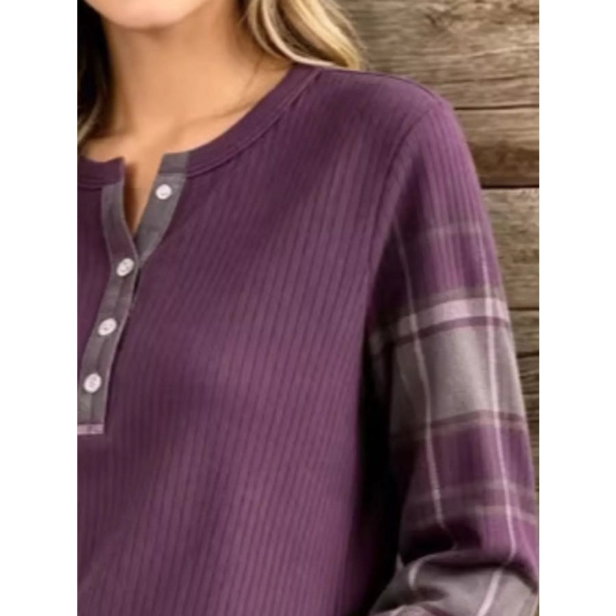 Full Size Ribbed Knit Henley T-Shirt with Plaid Contrast Sleeves Plus Purple / S Apparel and Accessories