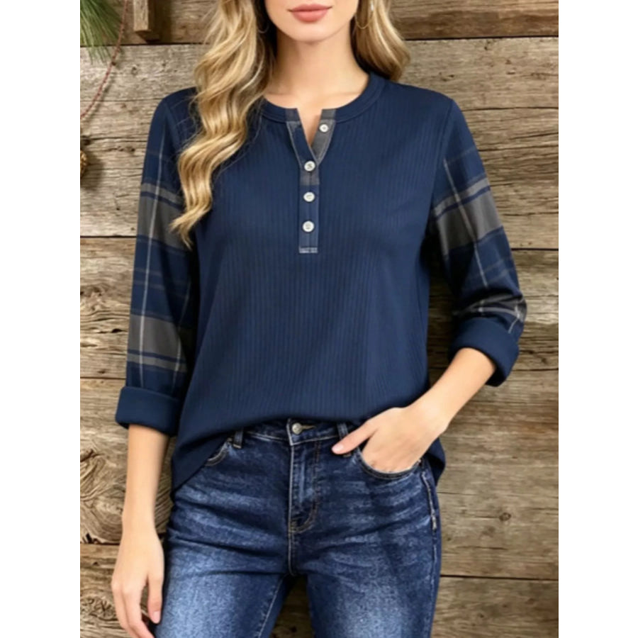 Full Size Ribbed Knit Henley T-Shirt with Plaid Contrast Sleeves Plus Blue / S Apparel and Accessories