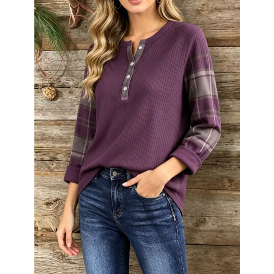 Full Size Ribbed Knit Henley T-Shirt with Plaid Contrast Sleeves Plus Purple / S Apparel and Accessories