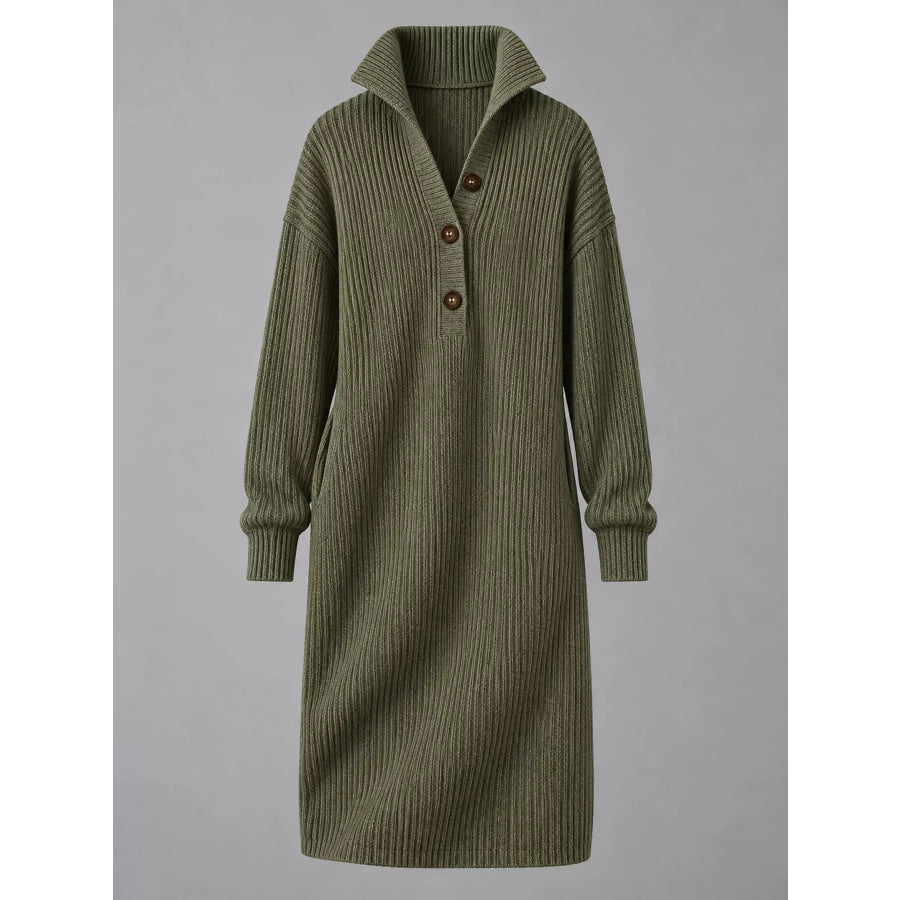 Full Size Ribbed Knit Polo Collar Button Front Sweater Dress Plus Apparel and Accessories