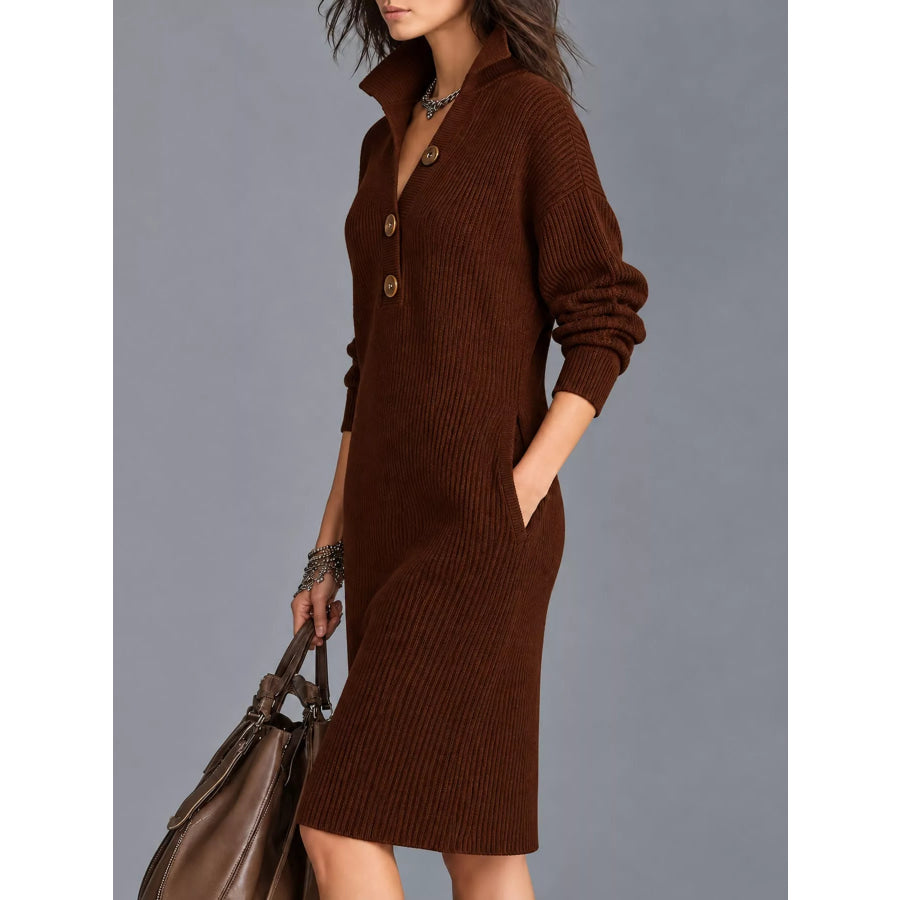 Full Size Ribbed Knit Polo Collar Button Front Sweater Dress Plus Apparel and Accessories