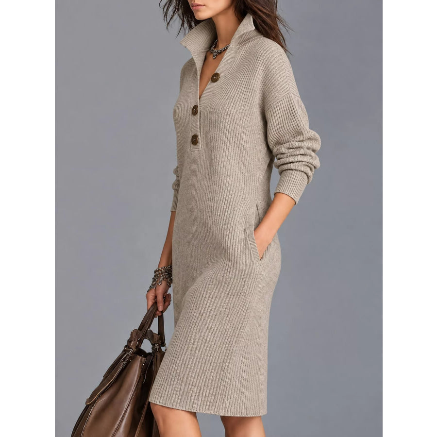 Full Size Ribbed Knit Polo Collar Button Front Sweater Dress Plus Apparel and Accessories