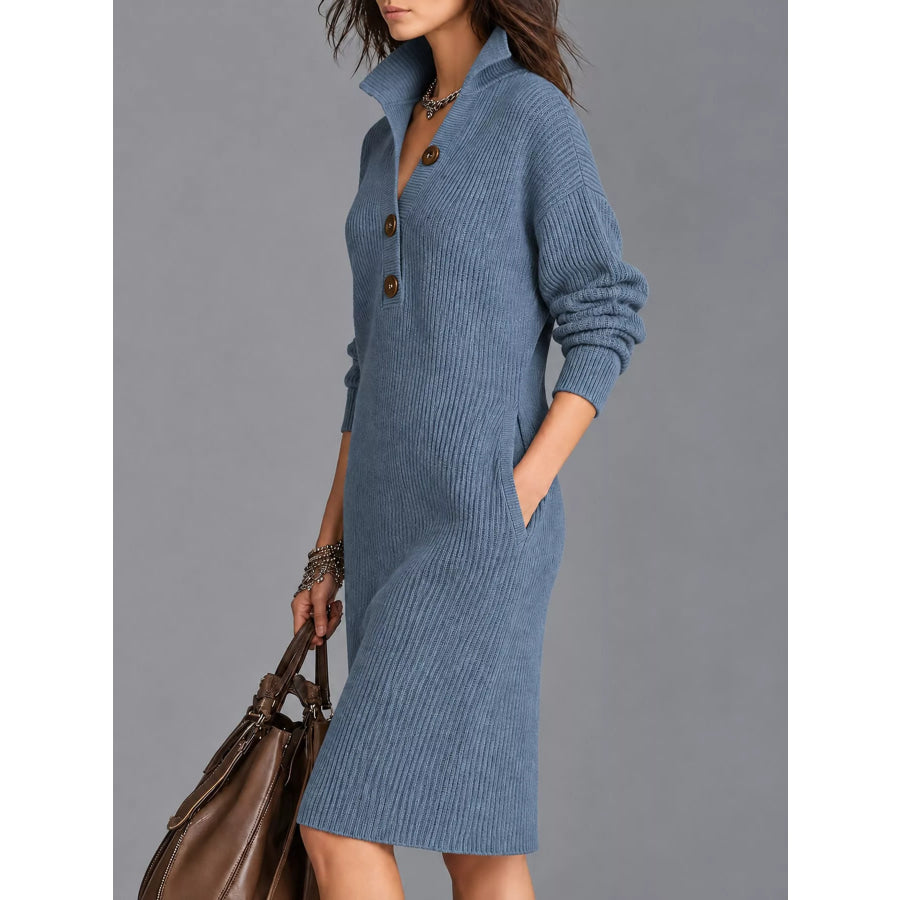 Full Size Ribbed Knit Polo Collar Button Front Sweater Dress Plus Apparel and Accessories