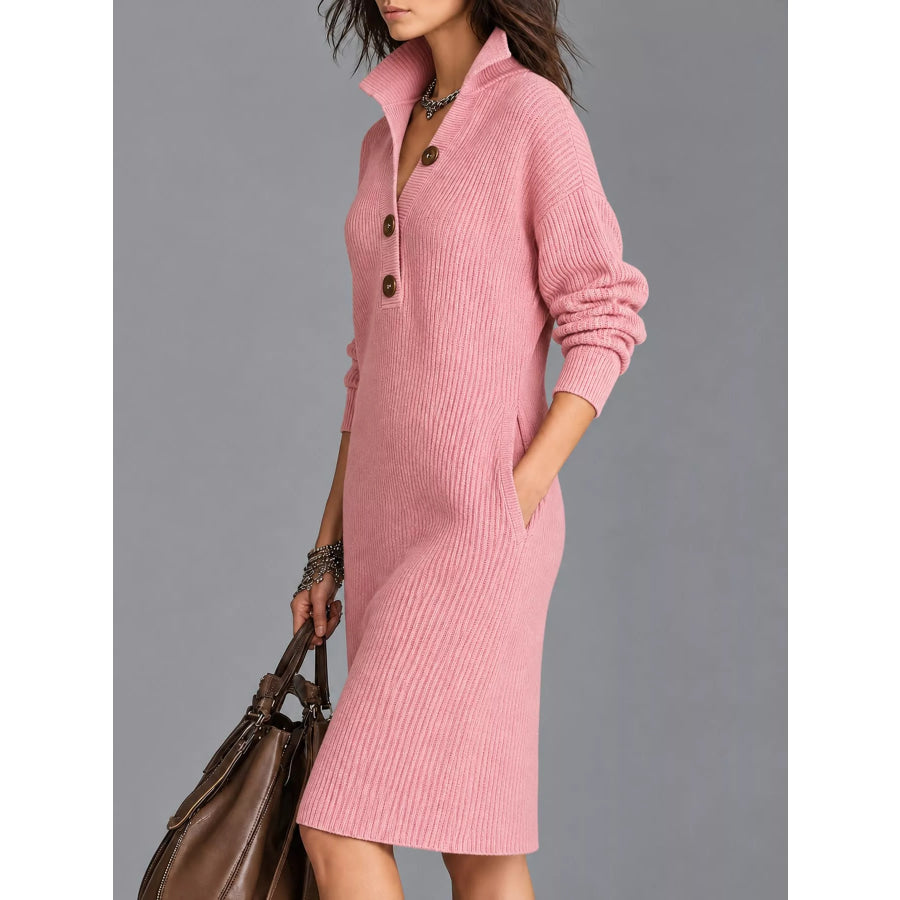 Full Size Ribbed Knit Polo Collar Button Front Sweater Dress Plus Apparel and Accessories