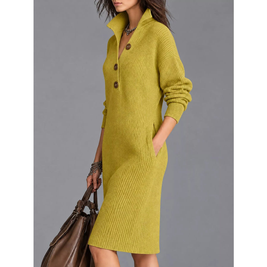 Full Size Ribbed Knit Polo Collar Button Front Sweater Dress Plus Apparel and Accessories