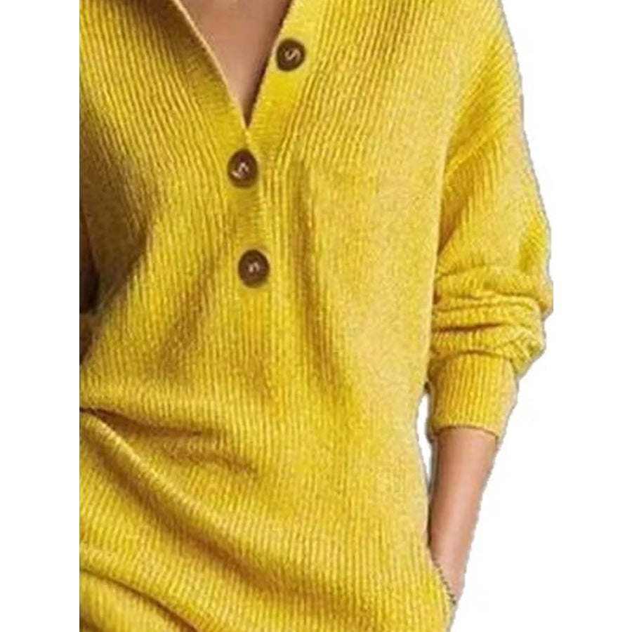Full Size Ribbed Knit Polo Collar Button Front Sweater Dress Plus Apparel and Accessories