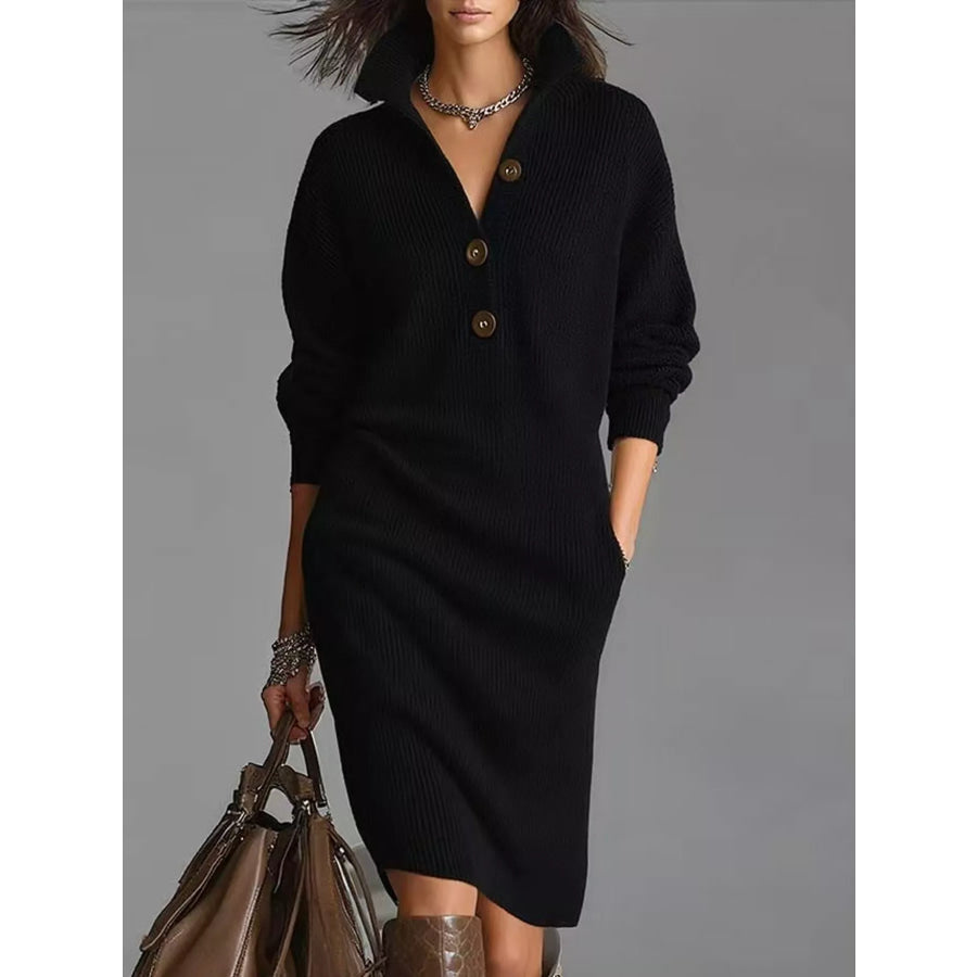 Full Size Ribbed Knit Polo Collar Button Front Sweater Dress Plus Black / S Apparel and Accessories