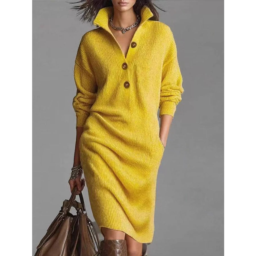 Full Size Ribbed Knit Polo Collar Button Front Sweater Dress Plus Canary Yellow / S Apparel and Accessories