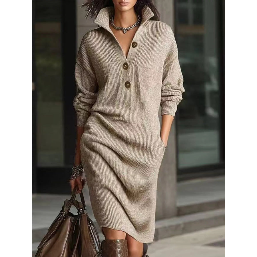 Full Size Ribbed Knit Polo Collar Button Front Sweater Dress Plus Khaki / S Apparel and Accessories