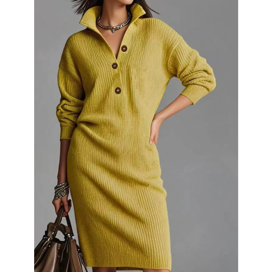 Full Size Ribbed Knit Polo Collar Button Front Sweater Dress Plus Neon Yellow / S Apparel and Accessories