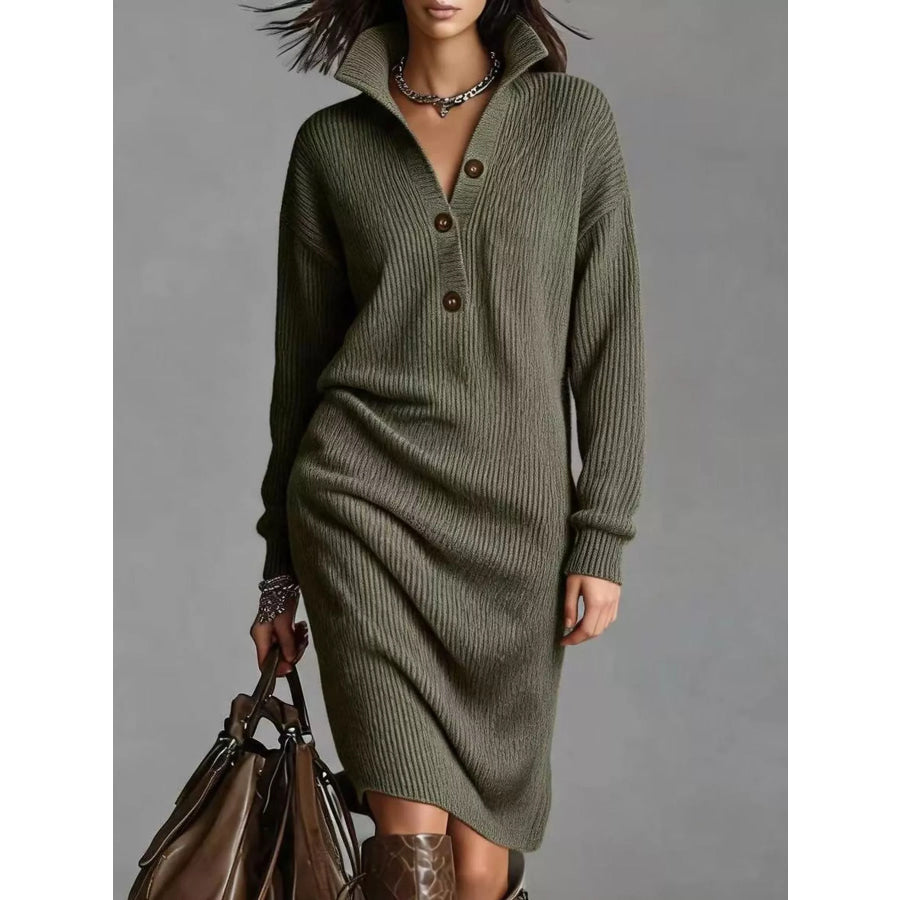 Full Size Ribbed Knit Polo Collar Button Front Sweater Dress Plus Olive Green / S Apparel and Accessories
