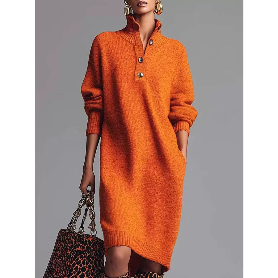 Full Size Ribbed Knit Polo Collar Button Front Sweater Dress Plus Orange / S Apparel and Accessories