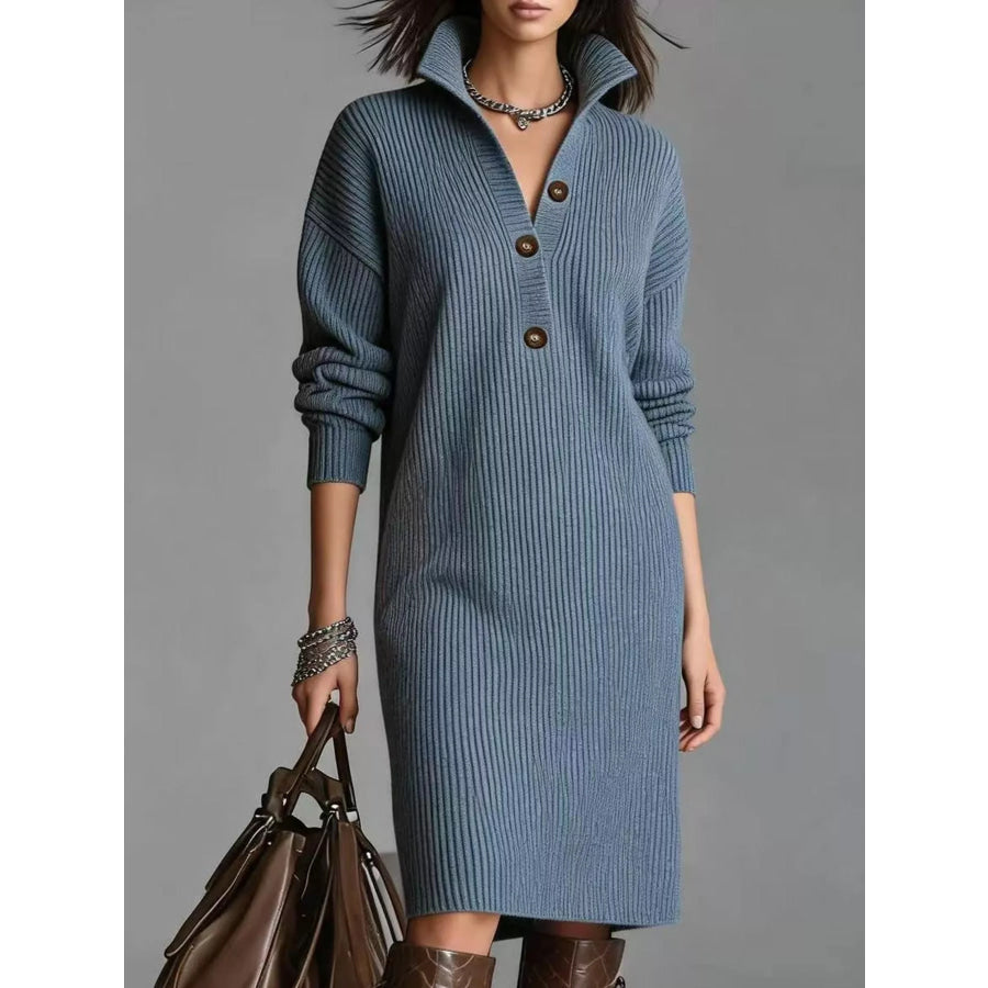 Full Size Ribbed Knit Polo Collar Button Front Sweater Dress Plus Peacock Blue / S Apparel and Accessories