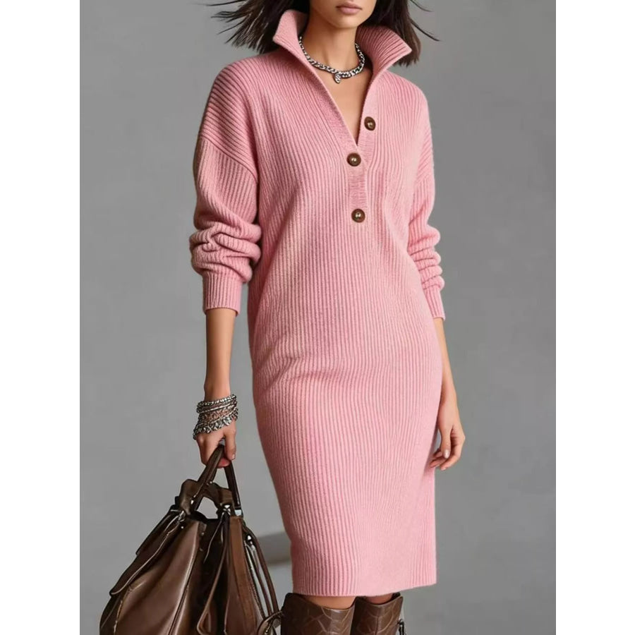 Full Size Ribbed Knit Polo Collar Button Front Sweater Dress Plus Pink / S Apparel and Accessories