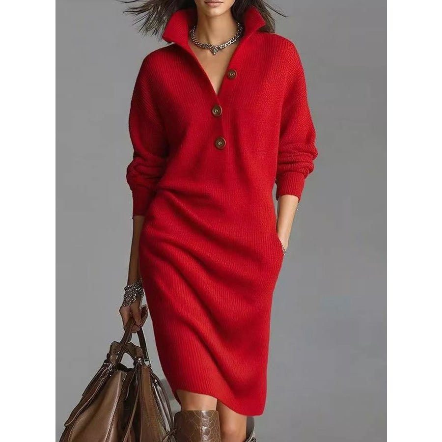 Full Size Ribbed Knit Polo Collar Button Front Sweater Dress Plus Red / S Apparel and Accessories