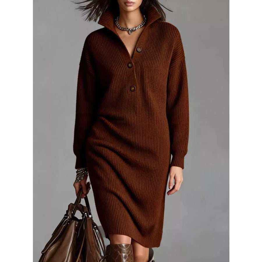 Full Size Ribbed Knit Polo Collar Button Front Sweater Dress Plus Reddish Brown / S Apparel and Accessories