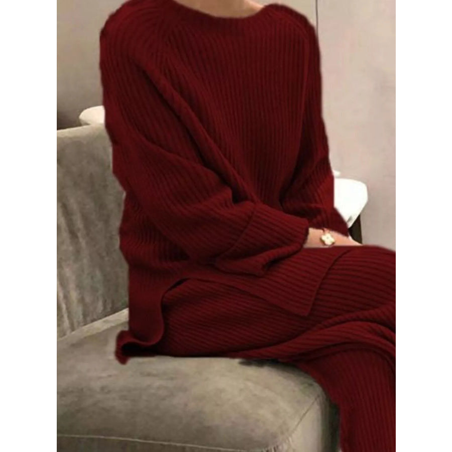 Full Size Ribbed Knit Relaxed Fit Top and Pants Sweater Set Plus Size Apparel and Accessories
