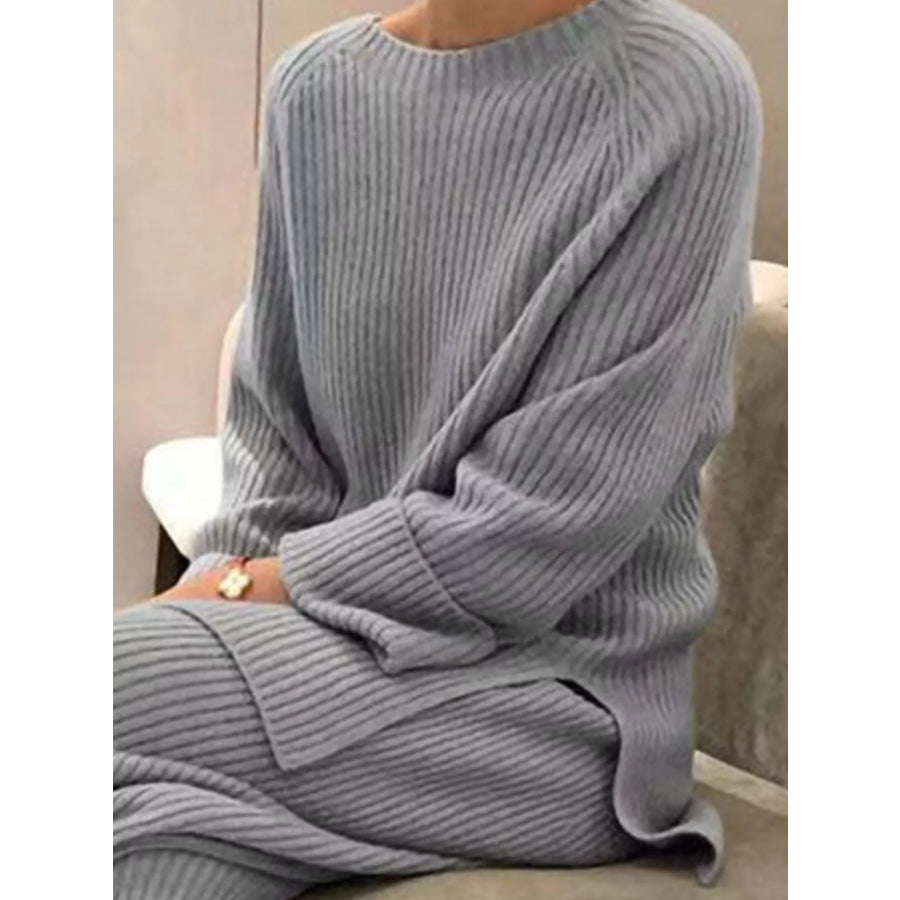 Full Size Ribbed Knit Relaxed Fit Top and Pants Sweater Set Plus Size Apparel and Accessories