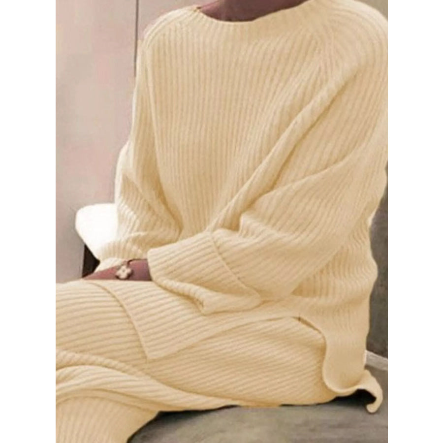 Full Size Ribbed Knit Relaxed Fit Top and Pants Sweater Set Plus Size Apparel and Accessories