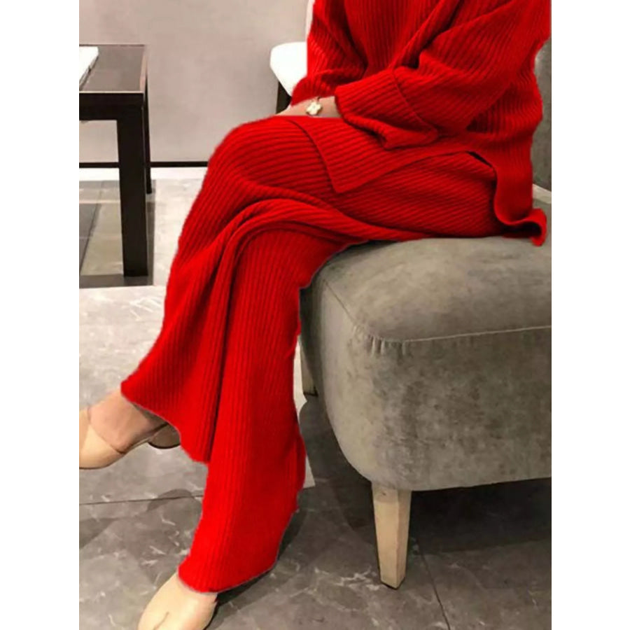 Full Size Ribbed Knit Relaxed Fit Top and Pants Sweater Set Plus Size Apparel and Accessories