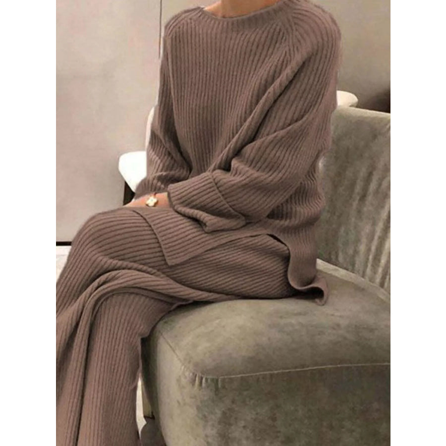 Full Size Ribbed Knit Relaxed Fit Top and Pants Sweater Set Plus Size Apparel and Accessories