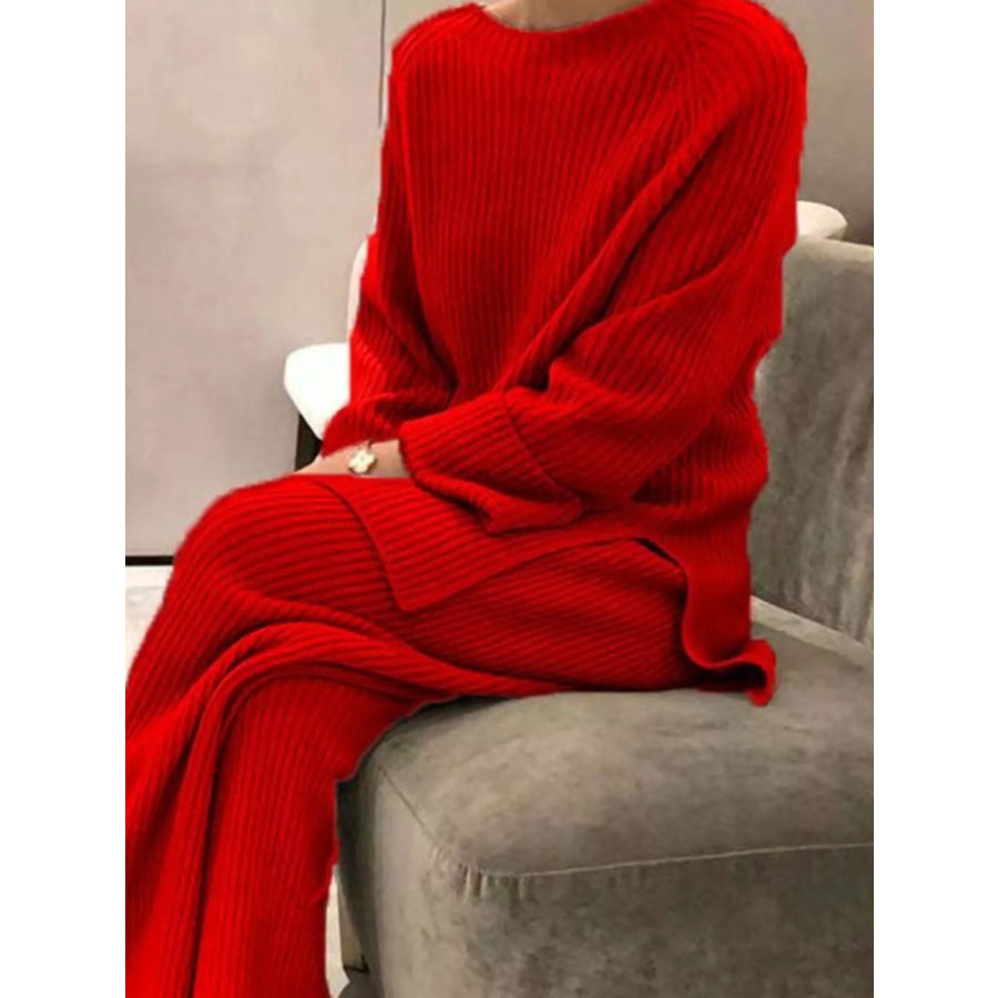 Full Size Ribbed Knit Relaxed Fit Top and Pants Sweater Set Plus Size Apparel and Accessories