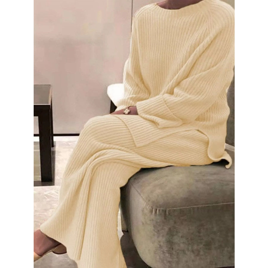 Full Size Ribbed Knit Relaxed Fit Top and Pants Sweater Set Plus Size Apricot / S Apparel and Accessories