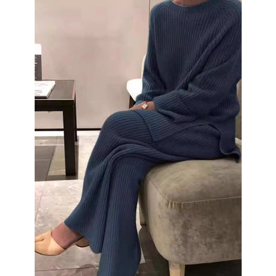 Full Size Ribbed Knit Relaxed Fit Top and Pants Sweater Set Plus Size Blue / S Apparel and Accessories