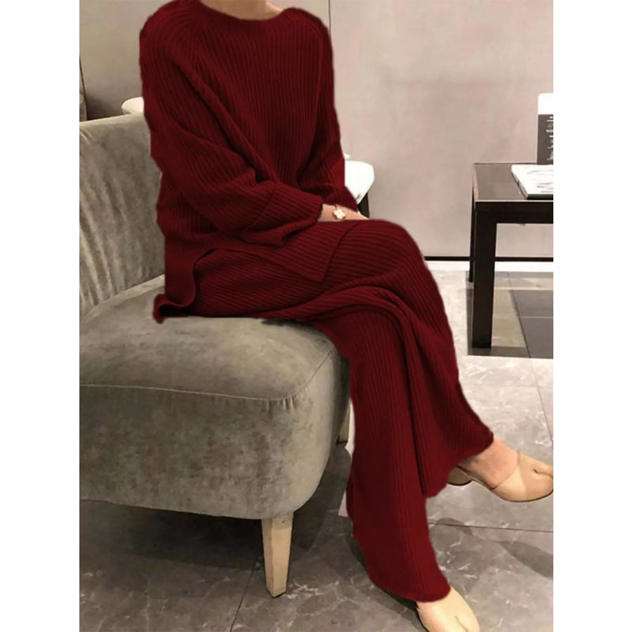 Full Size Ribbed Knit Relaxed Fit Top and Pants Sweater Set Plus Size Burgundy / S Apparel and Accessories