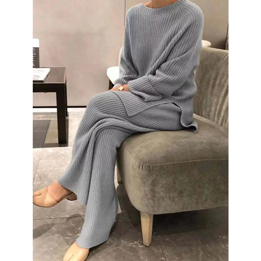 Full Size Ribbed Knit Relaxed Fit Top and Pants Sweater Set Plus Size Gray / S Apparel and Accessories