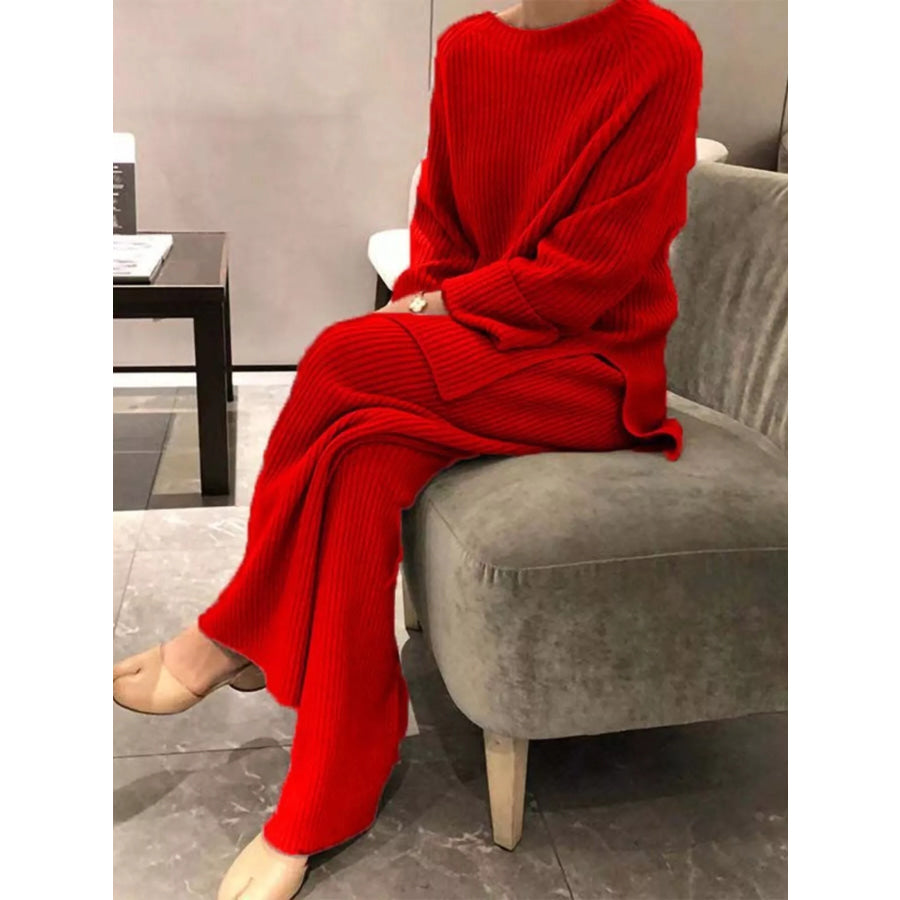 Full Size Ribbed Knit Relaxed Fit Top and Pants Sweater Set Plus Size Red / S Apparel and Accessories