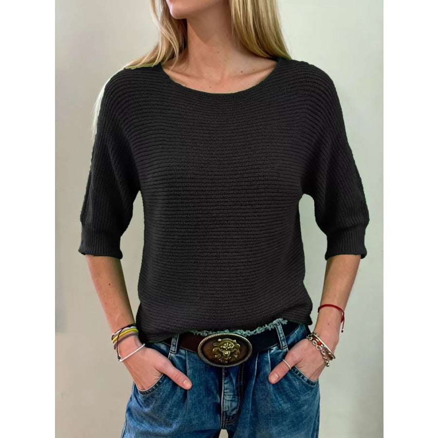 Full Size Ribbed Knit Round Neck Sweater Plus Size Black / S Apparel and Accessories