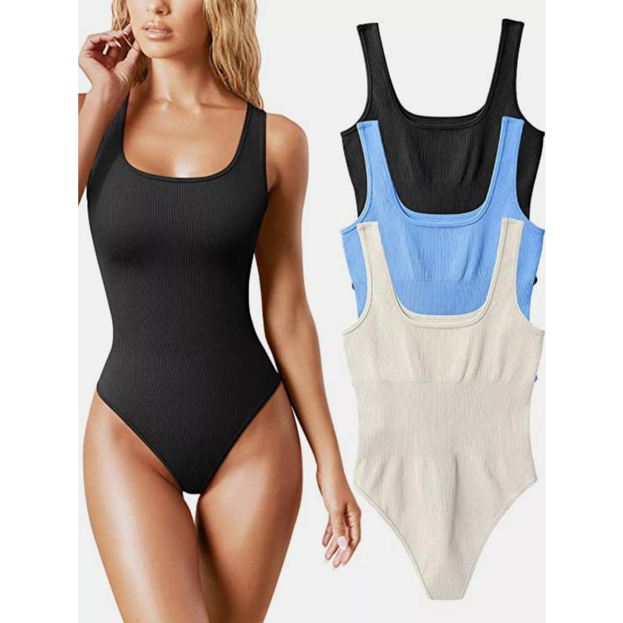 Full Size Ribbed Knit Sleeveless Scoop Neck Bodysuit Plus Black / S Apparel and Accessories